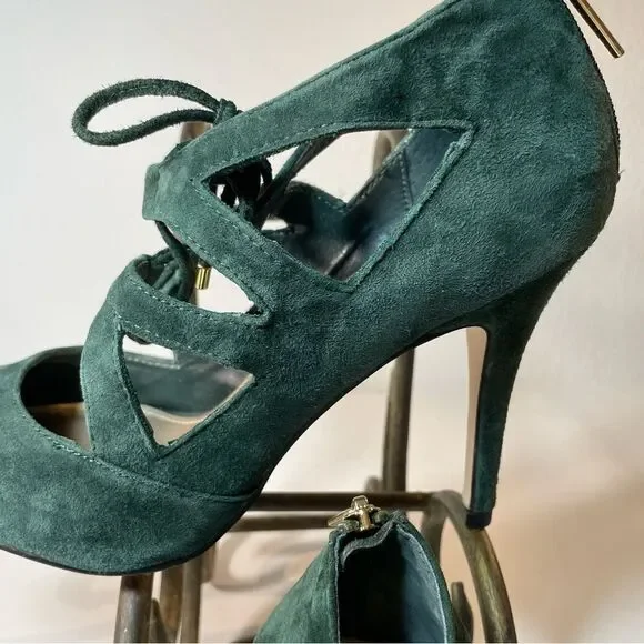 White House black market Money Green Suede Lace Up Heels 9 - Picture 4 of 10
